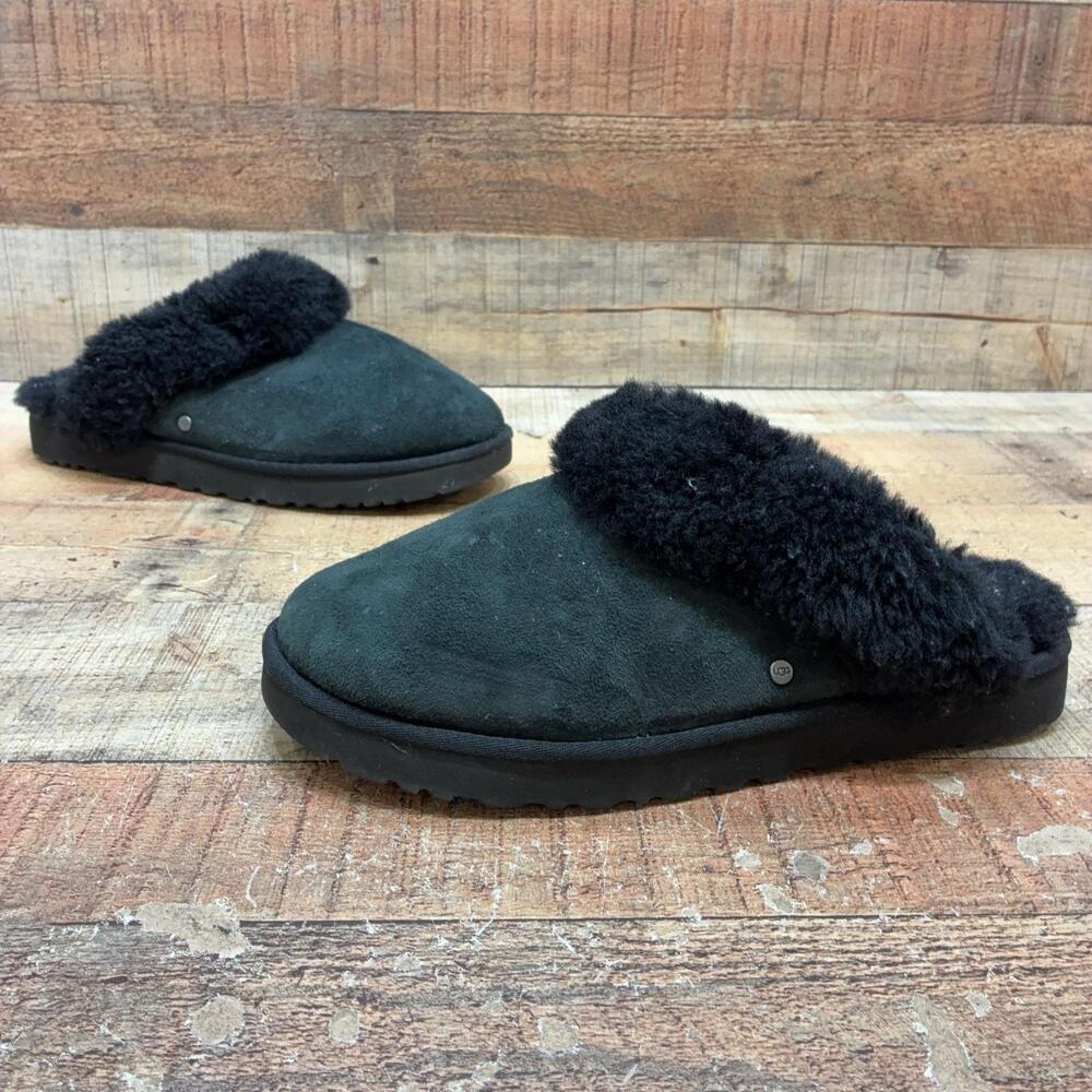 UGG Slippers Womens Size 11 Black Suede Shearling Lined Mule Shoes Comfort